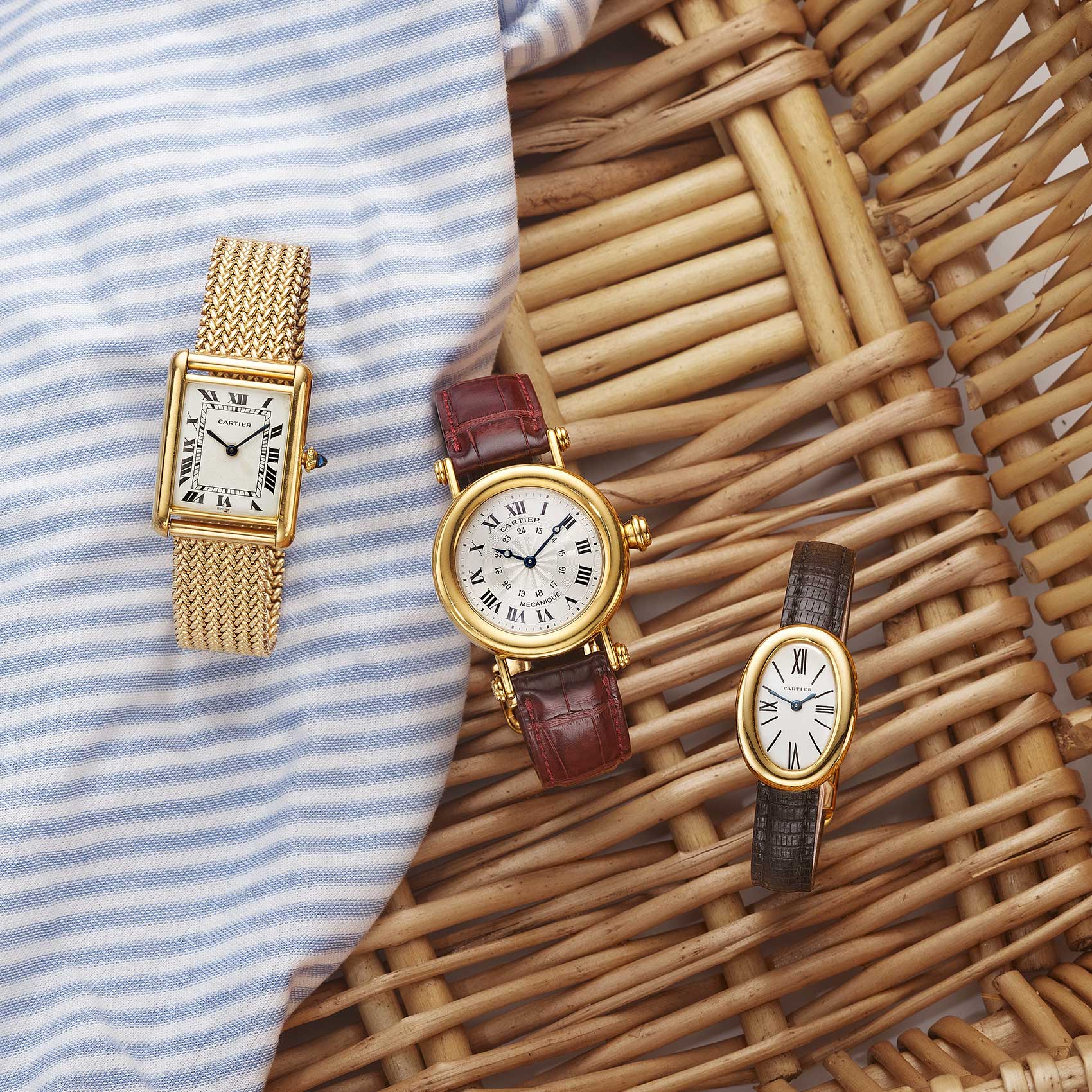 Cartier Watches in Wicker Basket