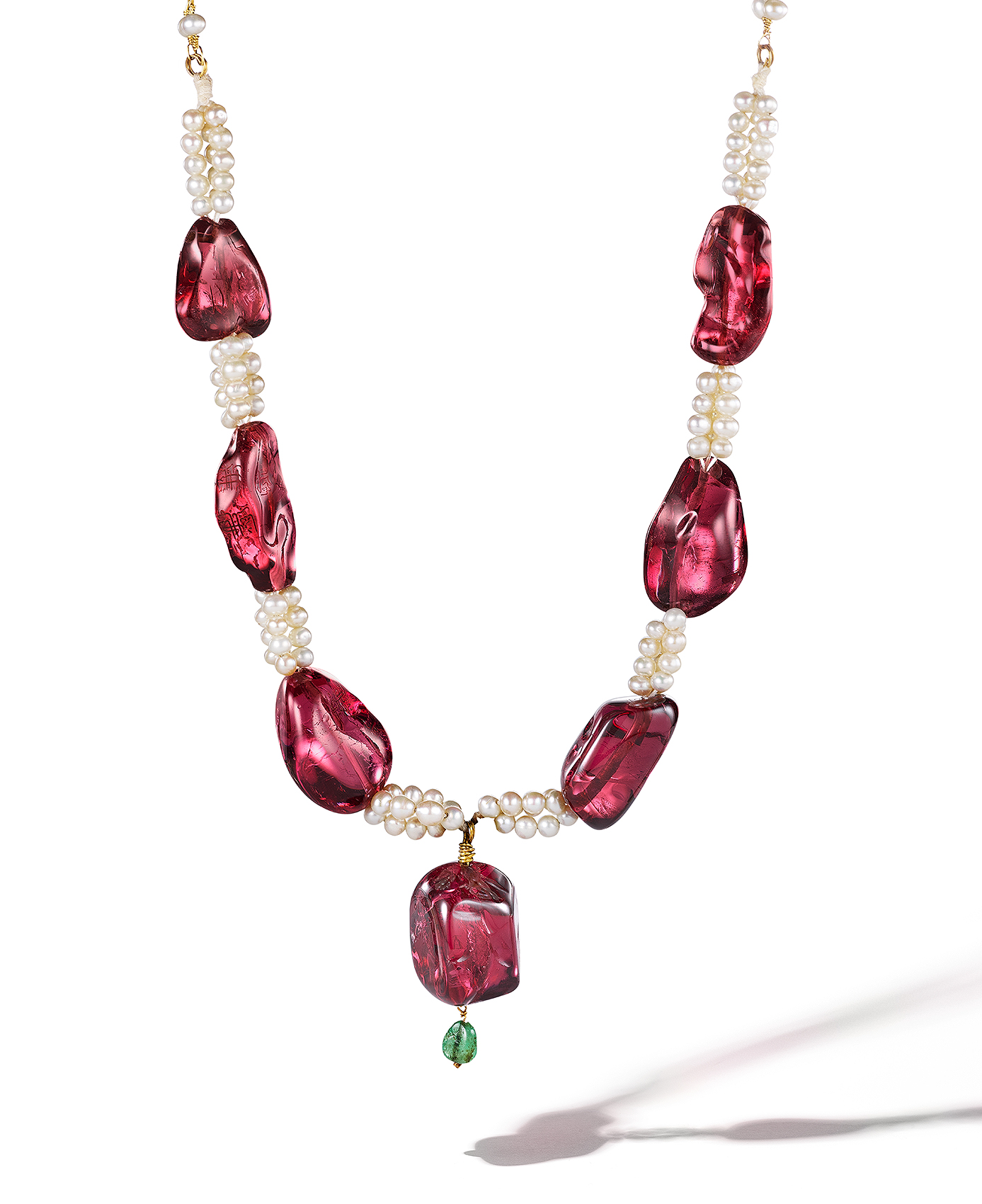Carved Ruby and Pearl Necklace